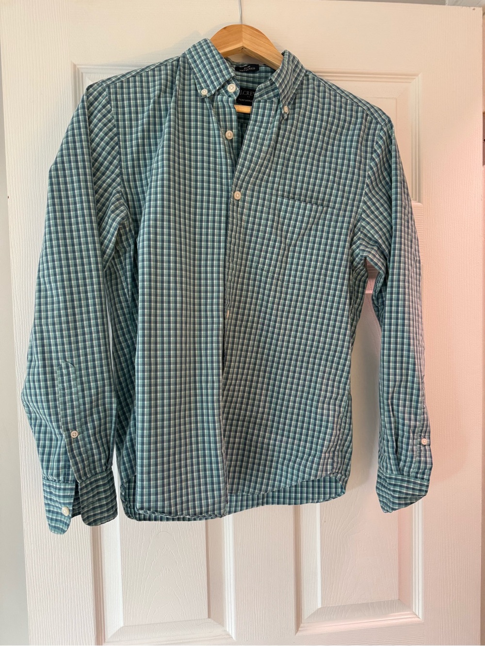 J. Crew Teal and White Plaid Button-Down Shirt Slim Untuck
